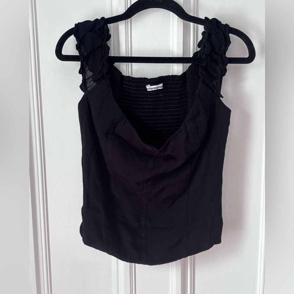 Reformation Black Ruffle Strap Cropped Top
